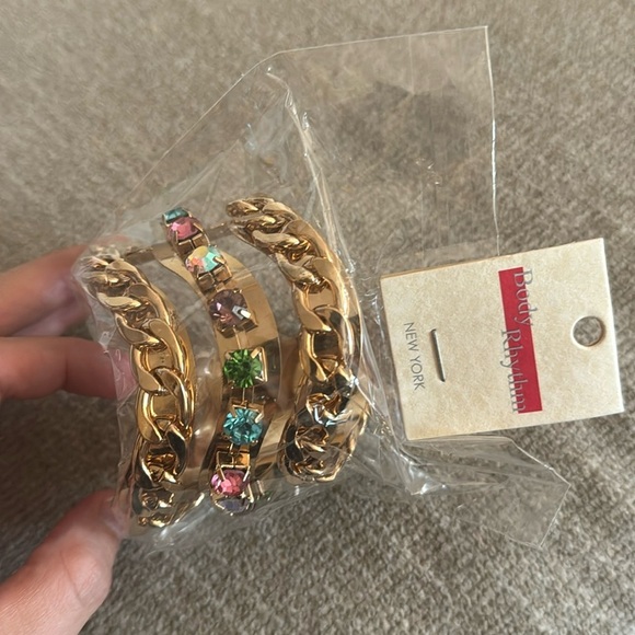 Body Rythm NEW YORK Gold Wide Cuff Bracelet Multicolor Gems Chunky Pink Blue Gr - Picture 2 of 3
